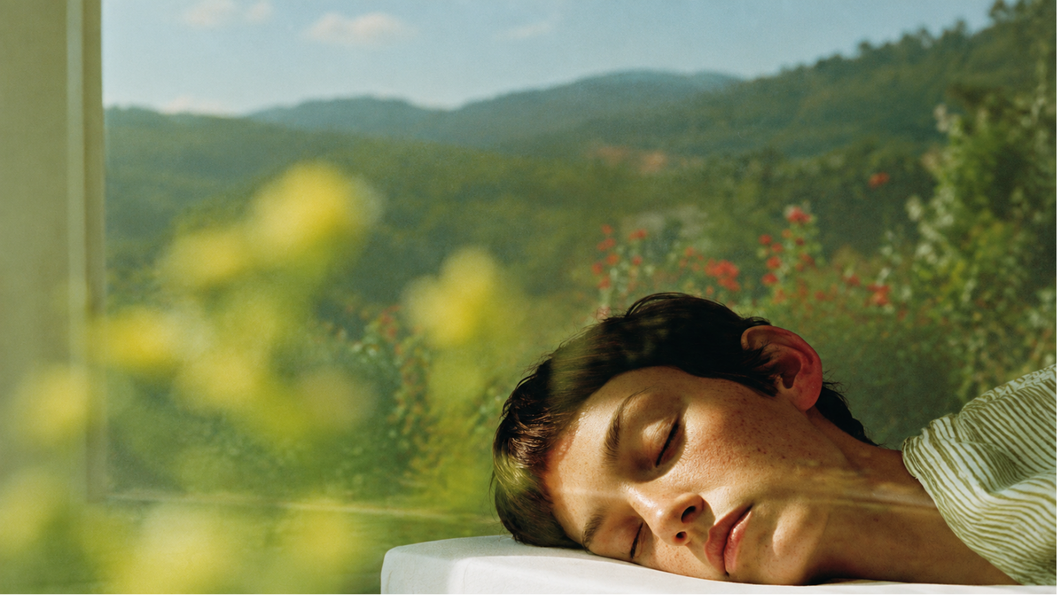 A woman resting peacefully beside a window overlooking a green landscape