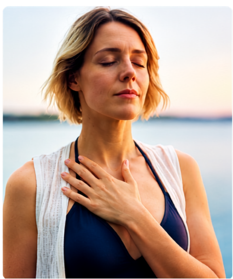 Woman taking a mindful breath with her hand on her chest